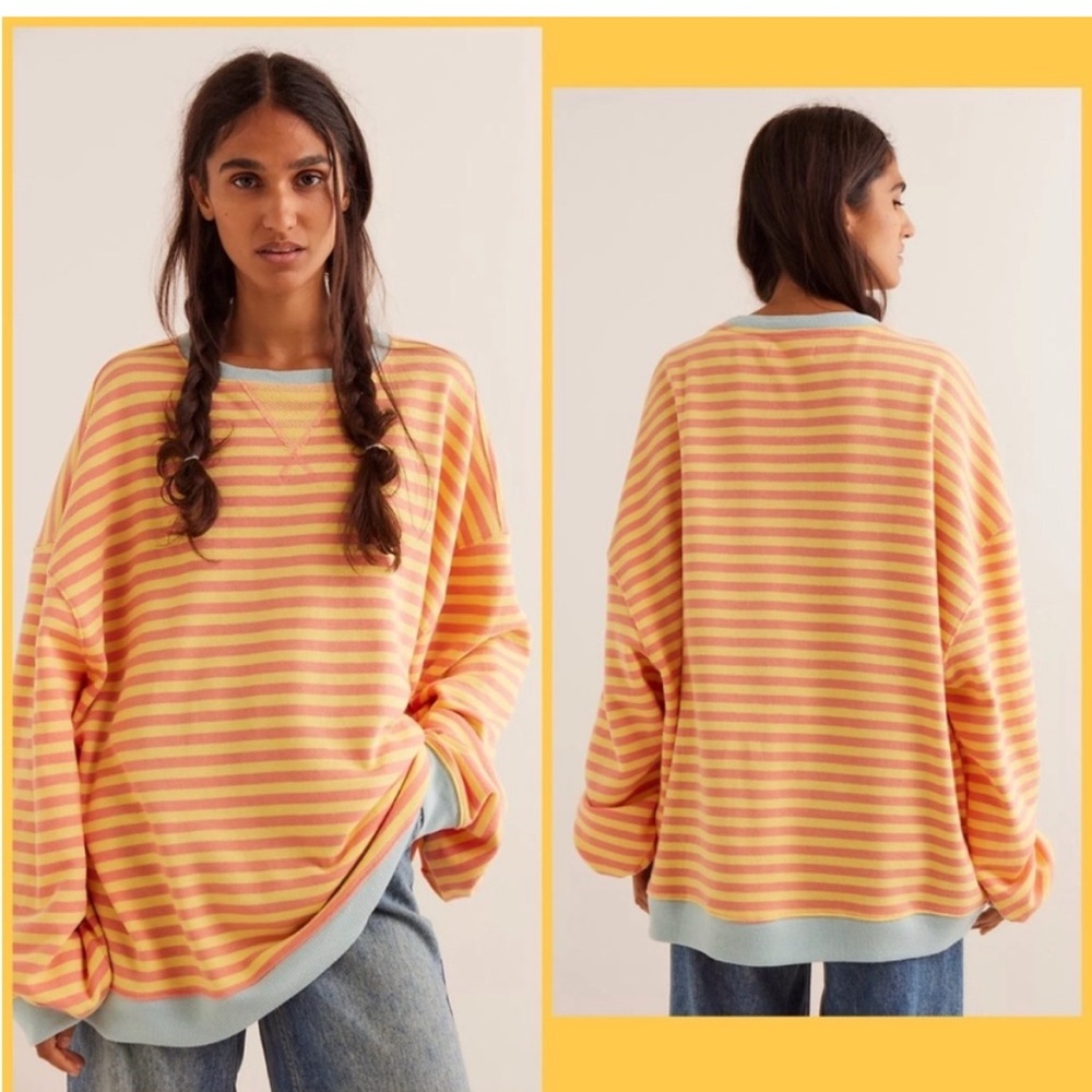 NWOT Free People Classic Striped Oversized Crewneck In Tangerine Combo Size XS